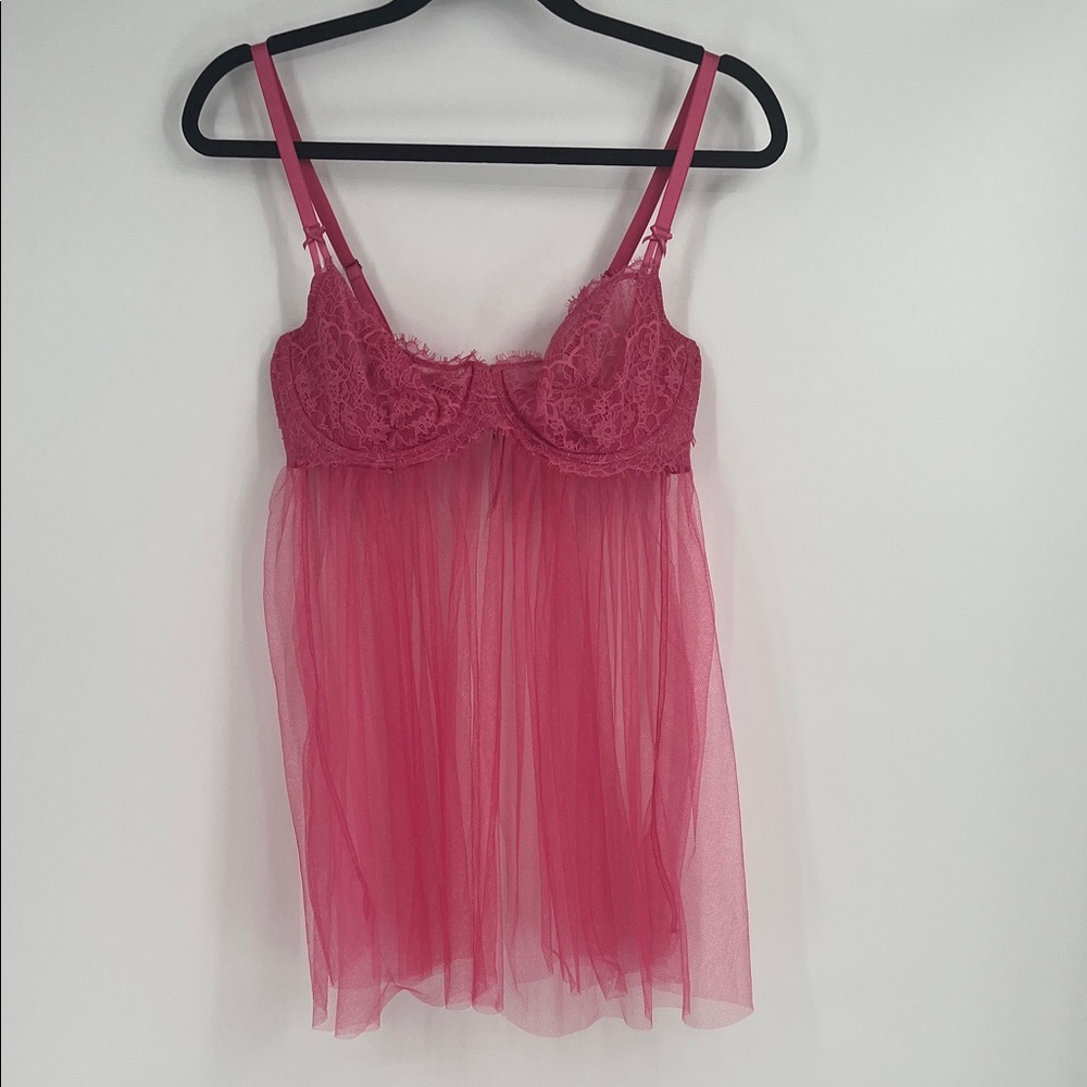 Victorias Secret Sheer Pink Lace and Mesh Babydoll Lingerie Size XL